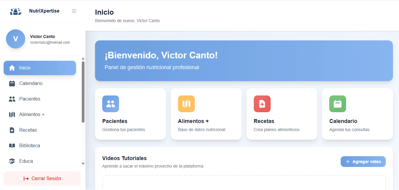 Dashboard principal NutriXpertise